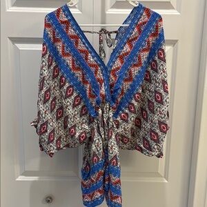 Umgee Multicolor Boho Tie-Front Blouse - Red, white, blue, pink.